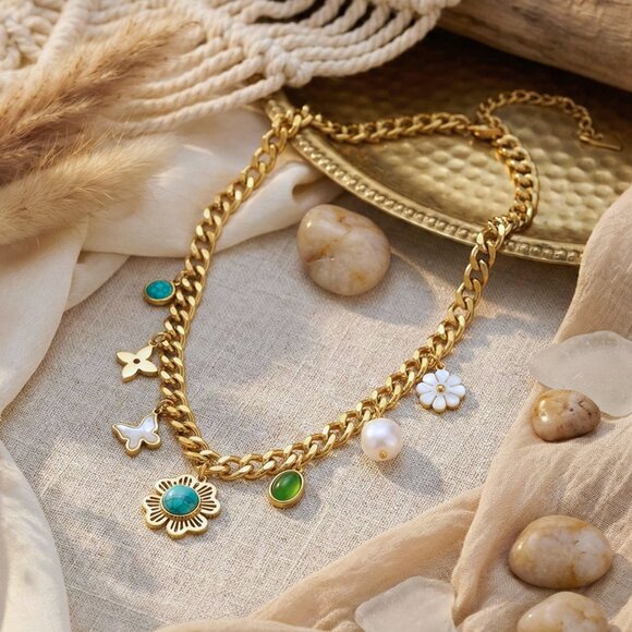 Chunky 18K Gold Plated TrendybNecklace Colorful Charms Pearl Accents Y2K Style - Picture 11 of 11